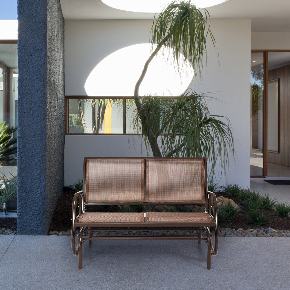 Brown 48-inch swing glider loveseat with curved backrest and armrests, perfect for outdoor patios and gardens.