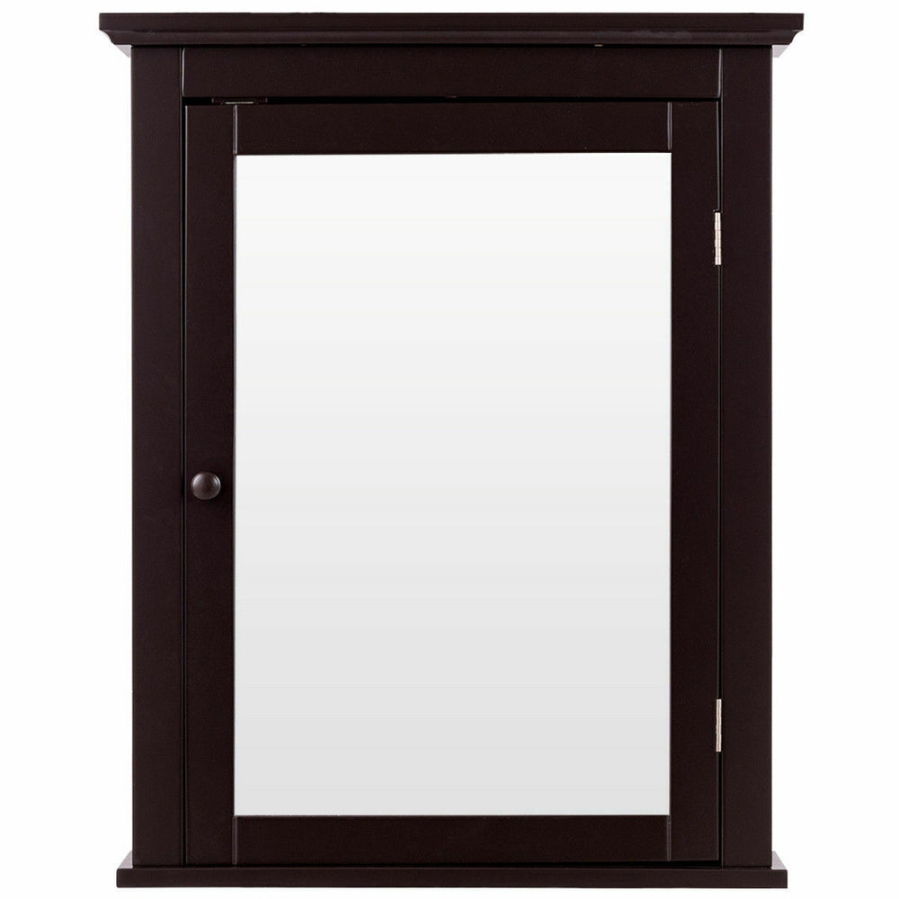 Wall-mounted bathroom storage mirror medicine cabinet in dark finish with magnetic lock and two-tier storage.