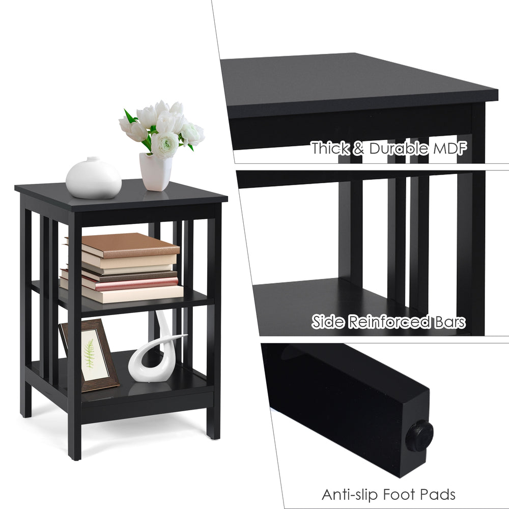 3-tier black nightstand with open compartments, made of durable MDF, perfect for living room or bedroom storage.