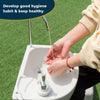Camping hand wash station with hands under faucet, featuring 4.5-gallon tank for hygiene and easy mobility.