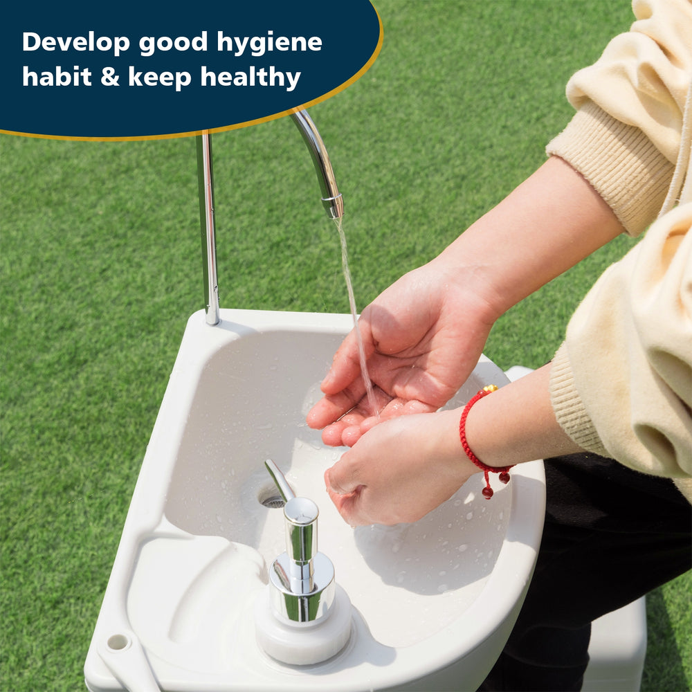 Camping hand wash station with hands under faucet, featuring 4.5-gallon tank for hygiene and easy mobility.
