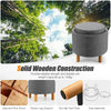 Round gray fabric storage ottoman with removable lid, solid pine wood legs, and non-slip pads for versatile use.