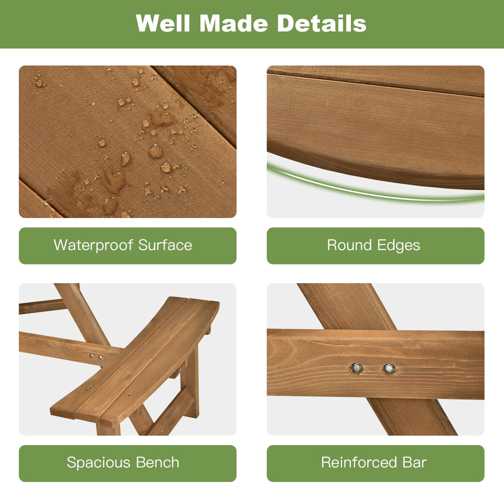 Close-up of the waterproof surface and round edges of the dark brown 6-person wooden picnic table for outdoor use.