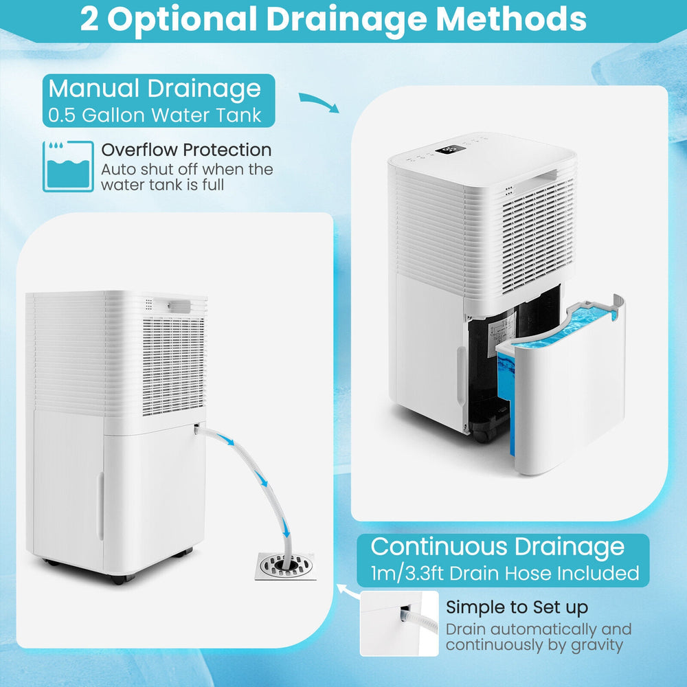 Dehumidifier with continuous drainage option, 32 pints capacity, ideal for rooms up to 1750 sq. ft., in white.