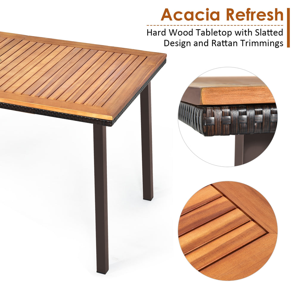Acacia wood dining table with slatted design and wicker trim, perfect for outdoor gatherings and accommodating 6-8.
