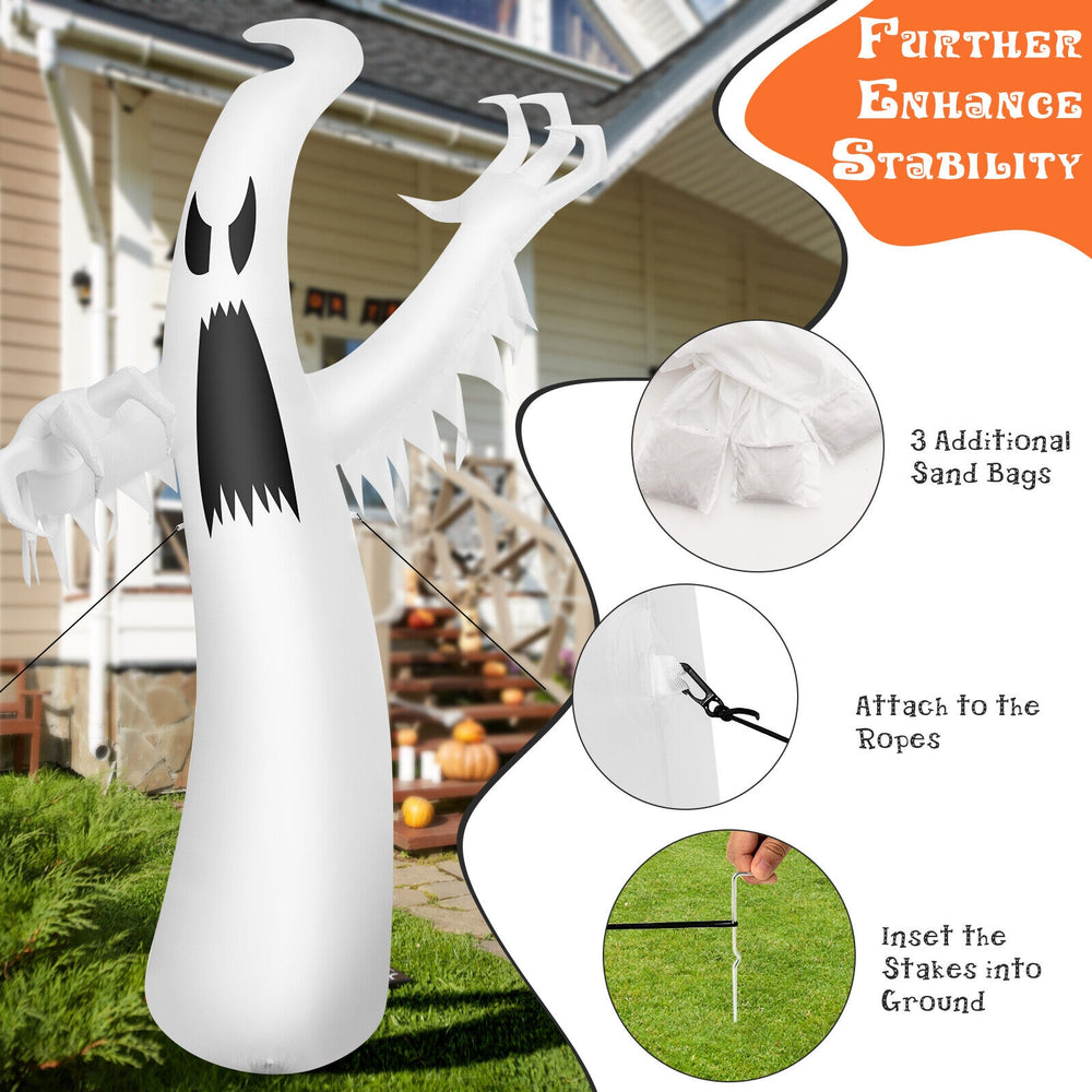 12-foot Halloween inflatable ghost with LED lights, made of durable polyester, perfect for outdoor spooky decorations.