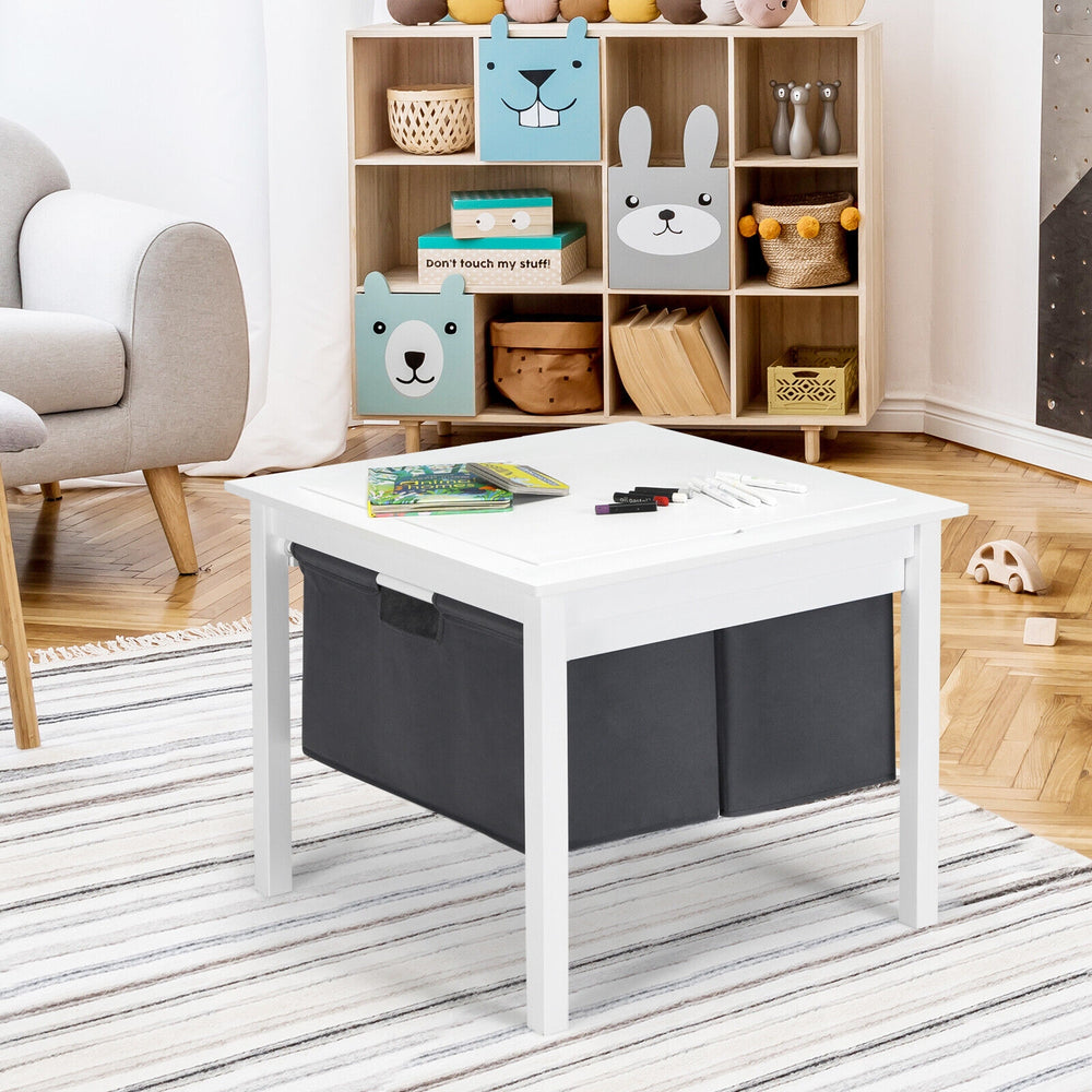 Kids double-sided activity table in white with storage drawers, perfect for play, reading, and creative activities.