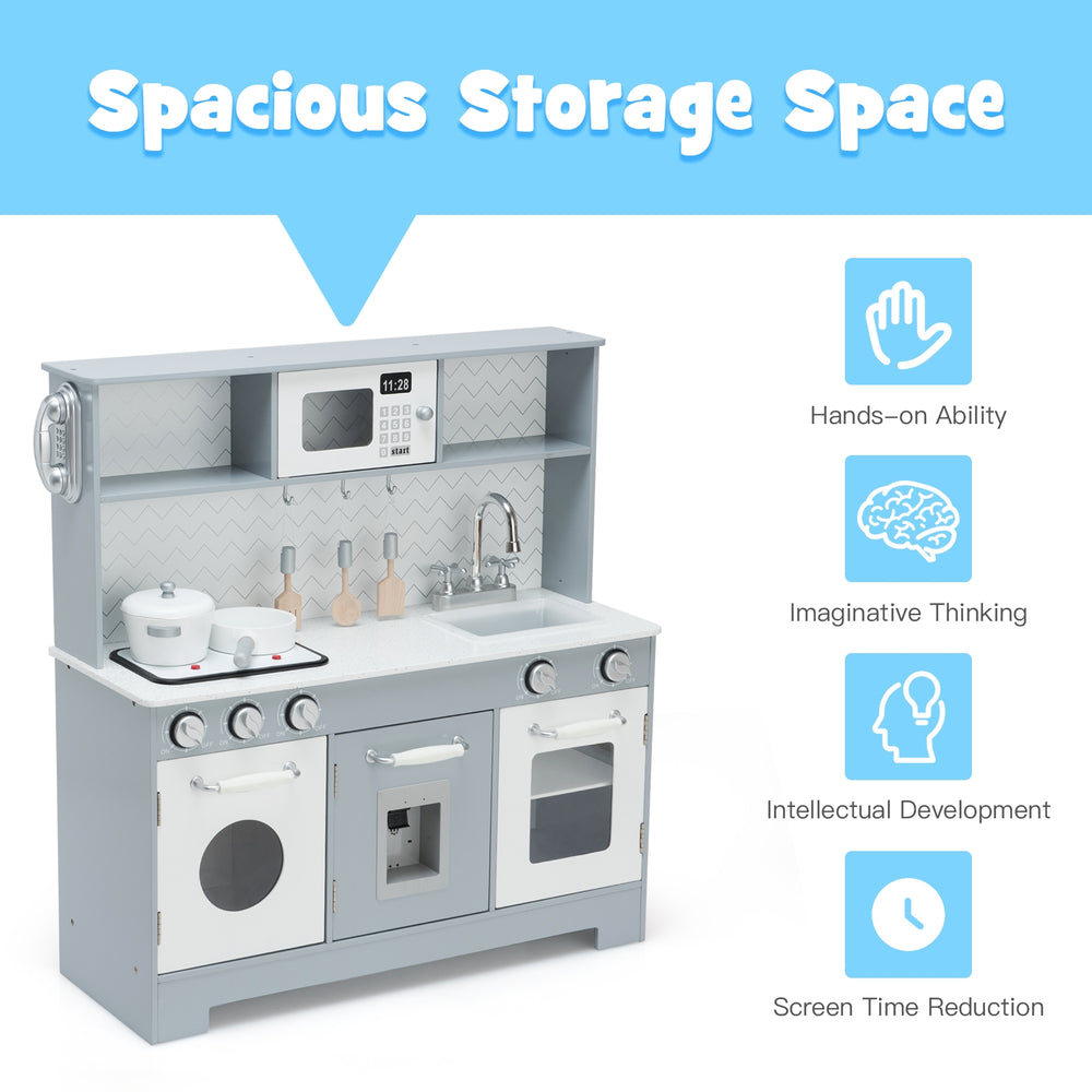 Wooden pretend play kitchen set with realistic light and sound, featuring ample storage and durable, kid-friendly.