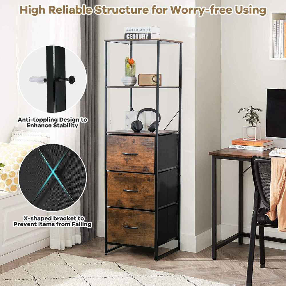 Freestanding vertical dresser with 3 drawers and 3 shelves in rustic brown, featuring a sturdy steel frame for.