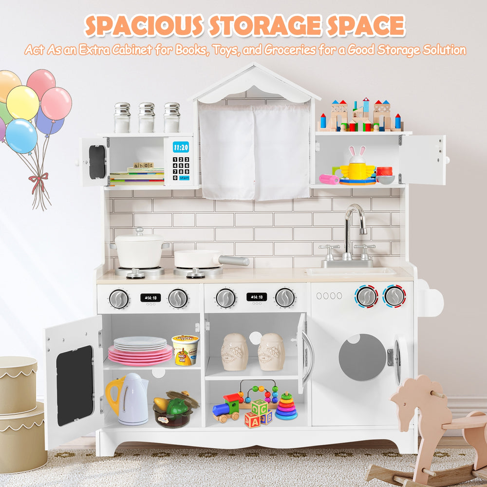 Wooden kids kitchen playset with washing machine, oven, and storage space, designed for imaginative play and creativity.