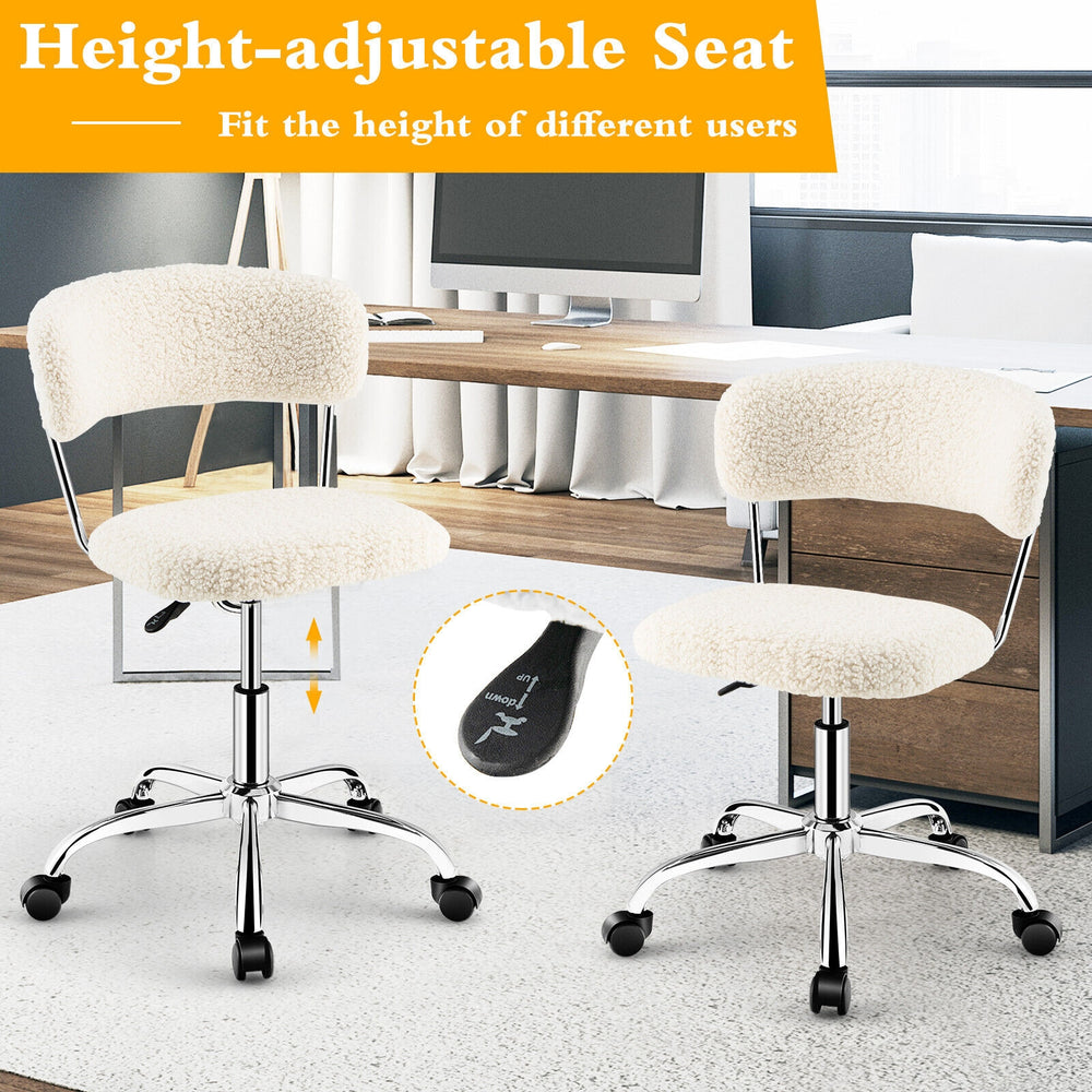 Adjustable Sherpa office chair with swivel design and chrome base, perfect for computer desks or vanity use.