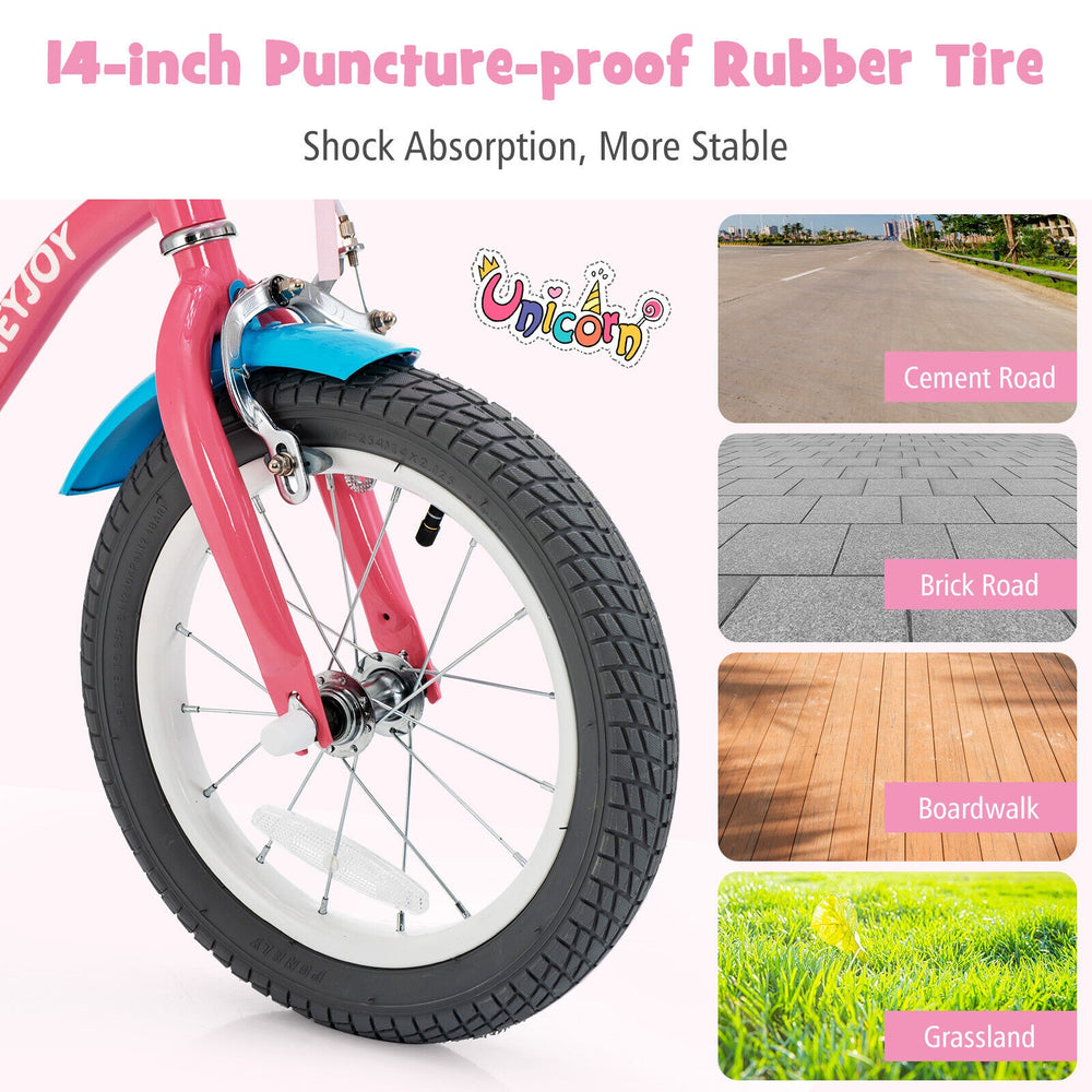 14-inch kids bicycle with training wheels, puncture-proof rubber tire, and basket, ideal for ages 3-9 on various.