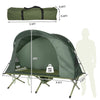 Elevated compact tent set in green with cot, sleeping mat, and external cover for outdoor camping and relaxation.