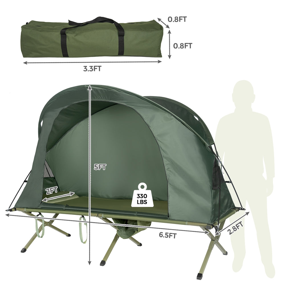 Elevated compact tent set in green with cot, sleeping mat, and external cover for outdoor camping and relaxation.