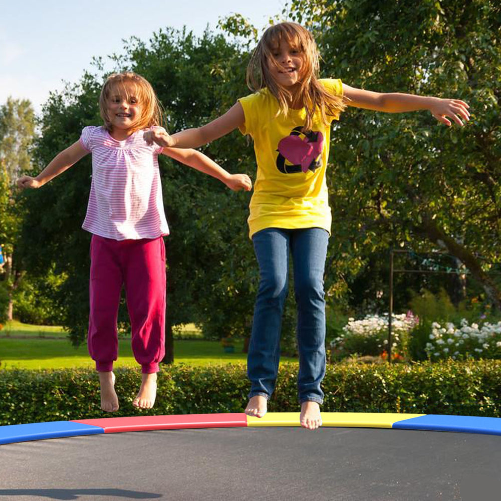 Multicolor trampoline spring cover with high-density PVC and EPE foam, providing safety and comfort for kids jumping.