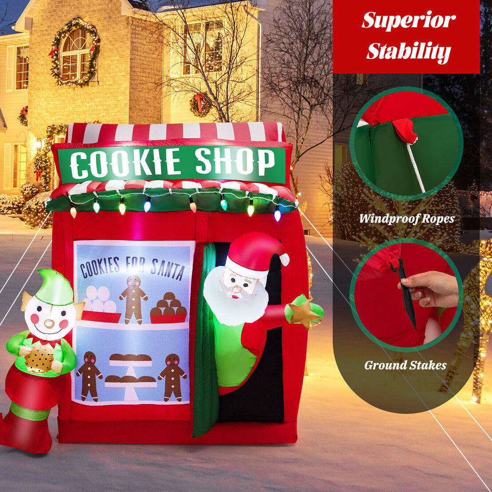 Inflatable 6.3 feet gingerbread cookie shop with Santa, featuring colorful lights and strong stability for festive.