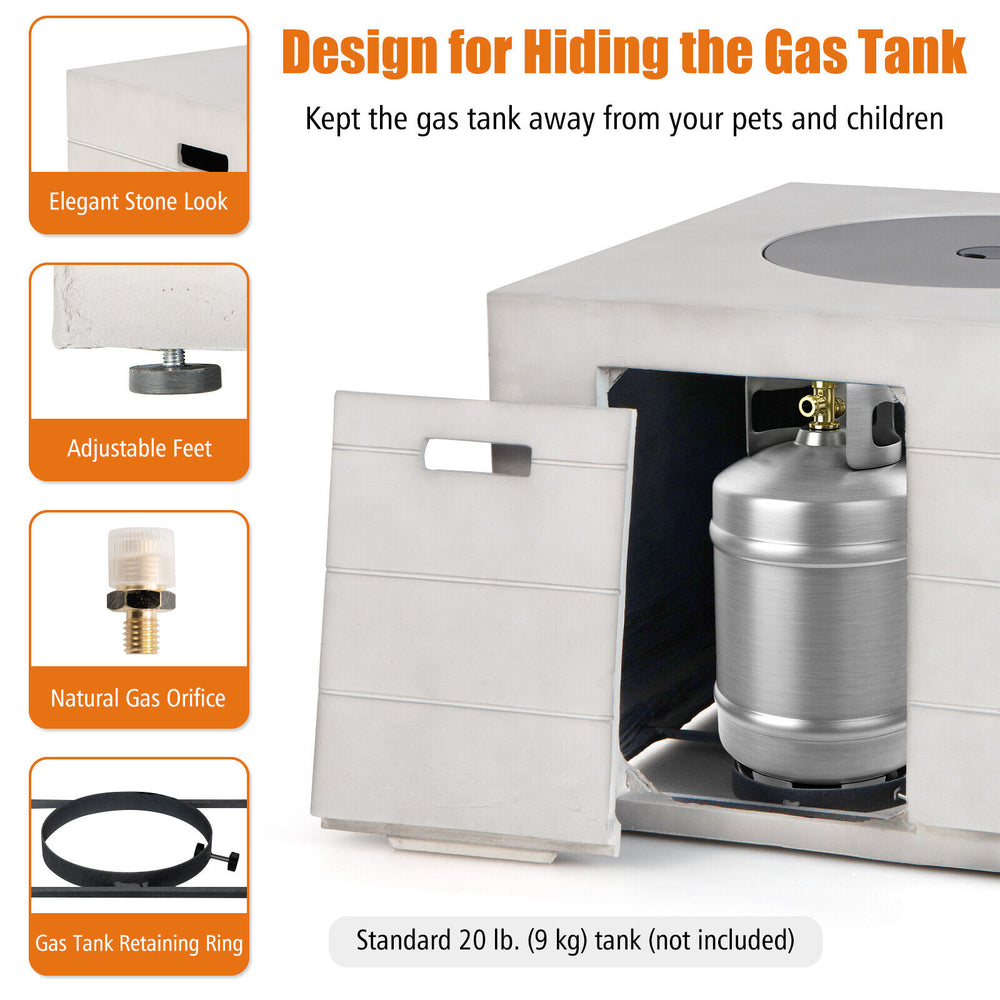 34-inch square concrete propane fire pit table with concealed gas tank storage, lava rocks, and cover for outdoor use.