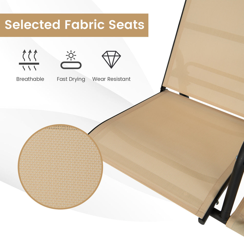 Breathable beige fabric seat of the 2-seat outdoor porch swing, featuring fast drying and wear-resistant qualities.
