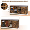 9-cube adjustable storage shoe bench in rustic brown with padded cushion, featuring a door cabinet and removable shelf.