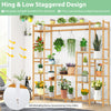9-tier bamboo plant stand with hanging rack, featuring a staggered design for optimal sunlight exposure and drainage.