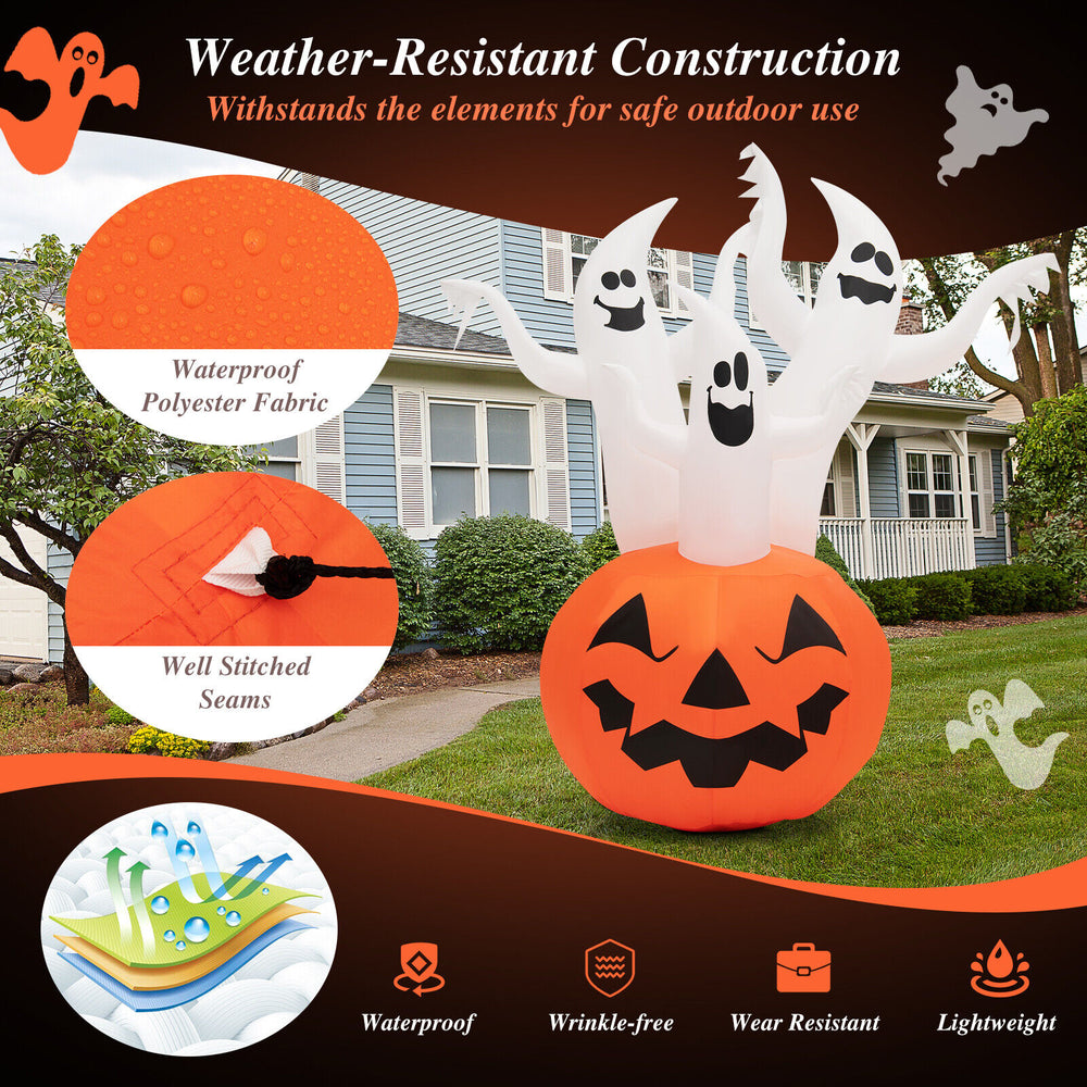 6 feet inflatable Halloween pumpkin with ghosts, waterproof fabric, and rotating lamp for outdoor decorations.