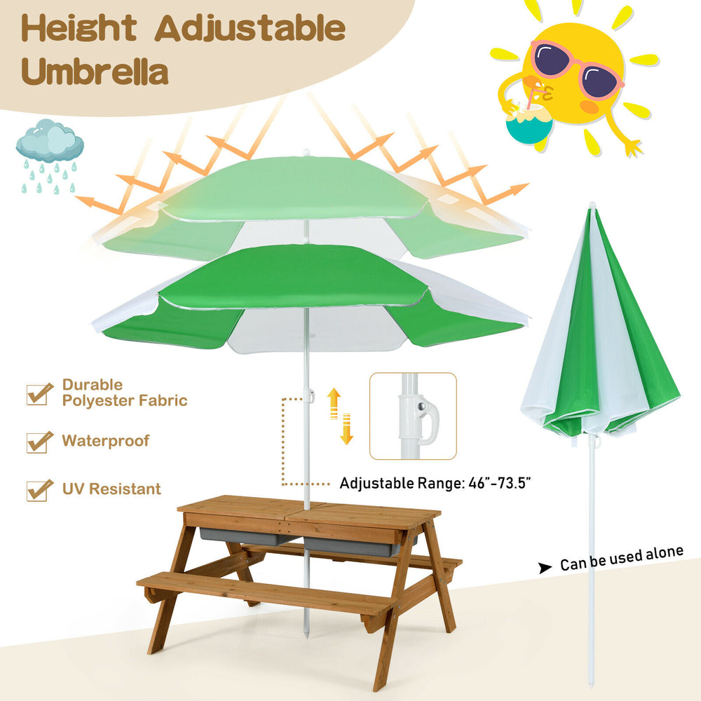 Height adjustable umbrella in green for the 3-in-1 kids picnic table, made of durable, waterproof polyester for outdoor.