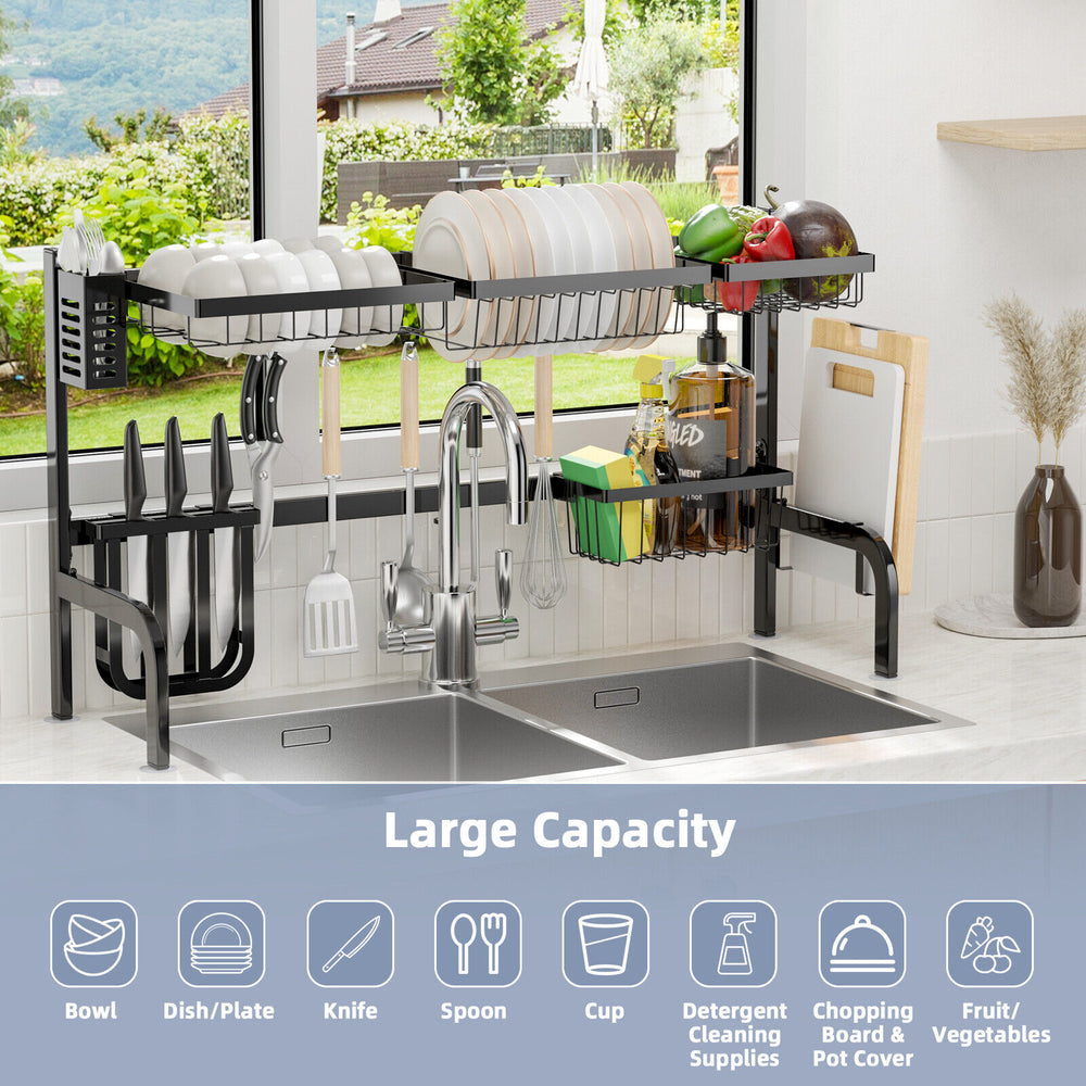 2 Tier adjustable over sink dish drying rack with chopping board and utensil holder for organized kitchen space and.