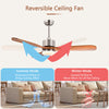 52-inch reversible ceiling fan in silver with LED light, remote control, and adjustable temperature for year-round.