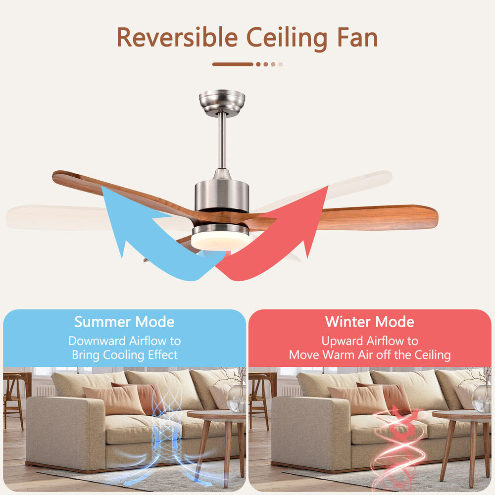 52-inch reversible ceiling fan in silver with LED light, remote control, and adjustable temperature for year-round.