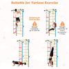 Kids indoor gym playground featuring a yellow wall ladder, pull-up bar, and gymnastic rings for fun and fitness.