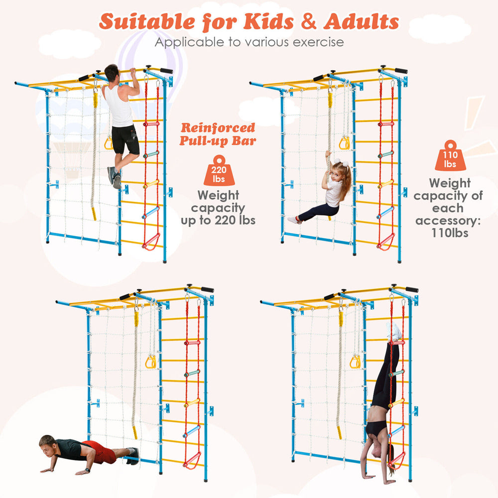 7-in-1 kids indoor gym playground with monkey bars and reinforced pull-up bar for fun and exercise at home.