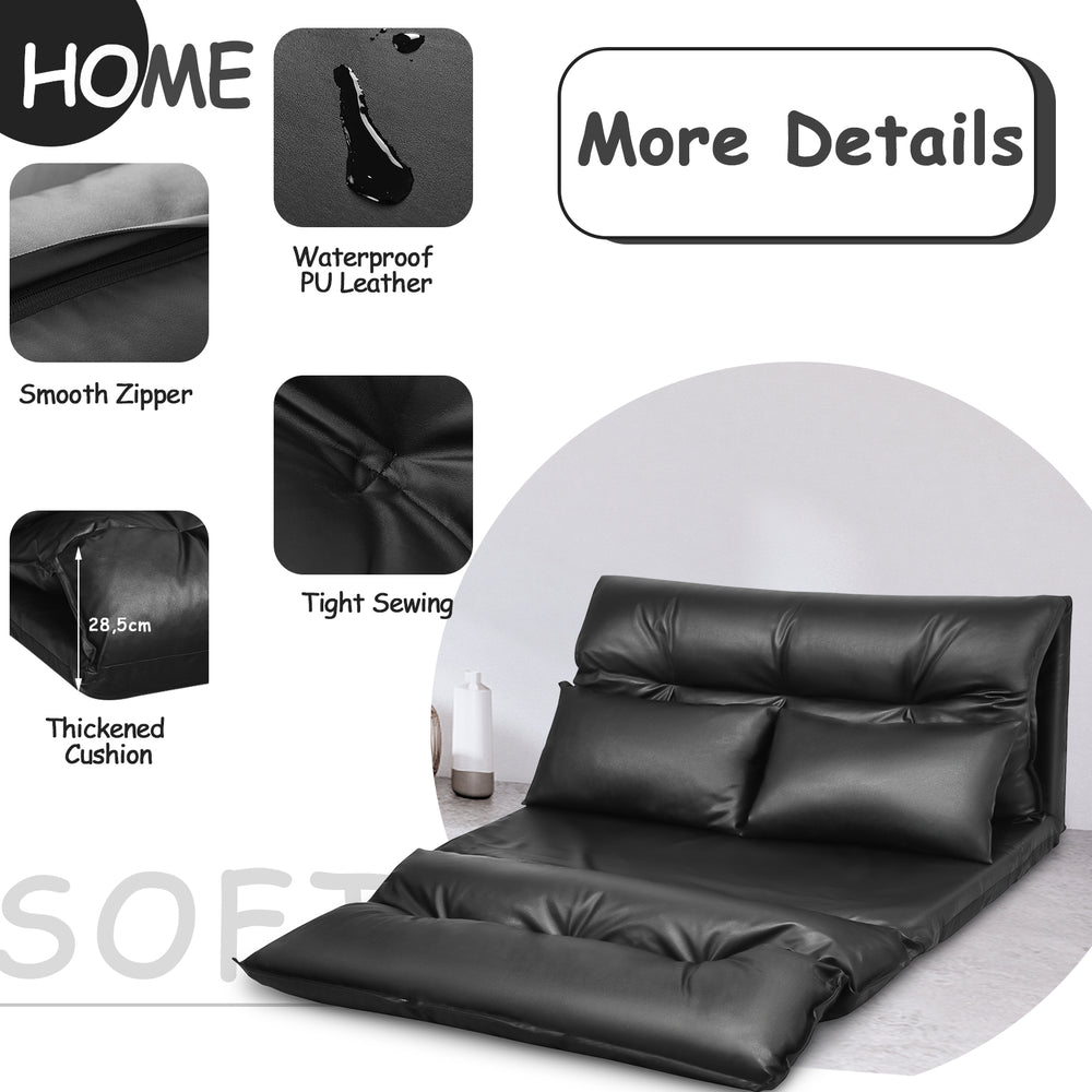 Foldable black PU leather leisure floor sofa bed with adjustable back and two pillows, perfect for small spaces and.
