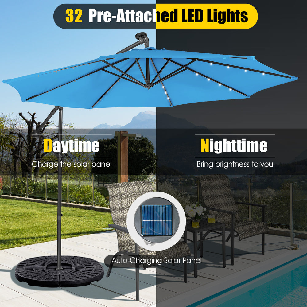 10-foot blue patio solar-powered cantilever umbrella with 32 LED lights, ideal for outdoor relaxation and shading.