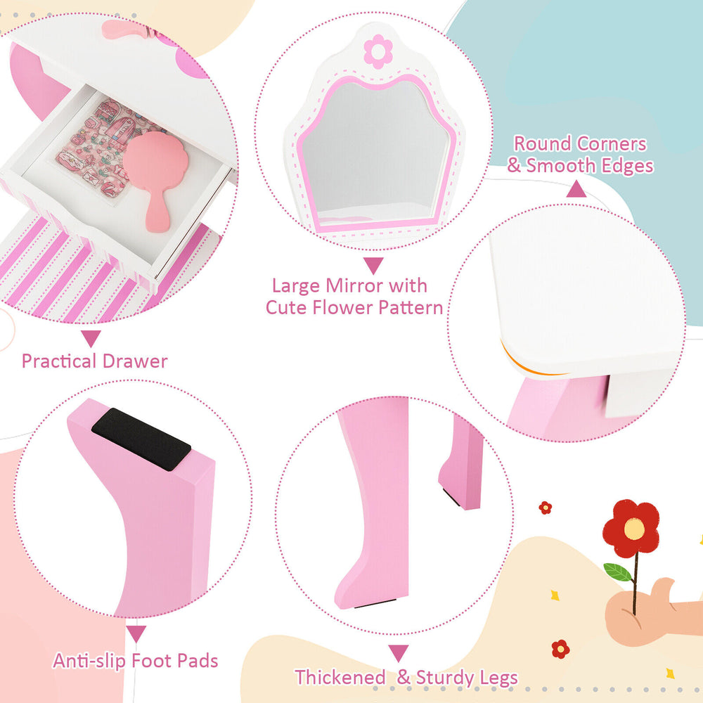 Toddler vanity set with detachable mirror, practical drawer, and cute flower patterns for safe and fun playtime.