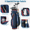 Golf cart bag featuring 8 zippered pockets, 14-way dividers, and insulated cooler pocket for organized storage on the.