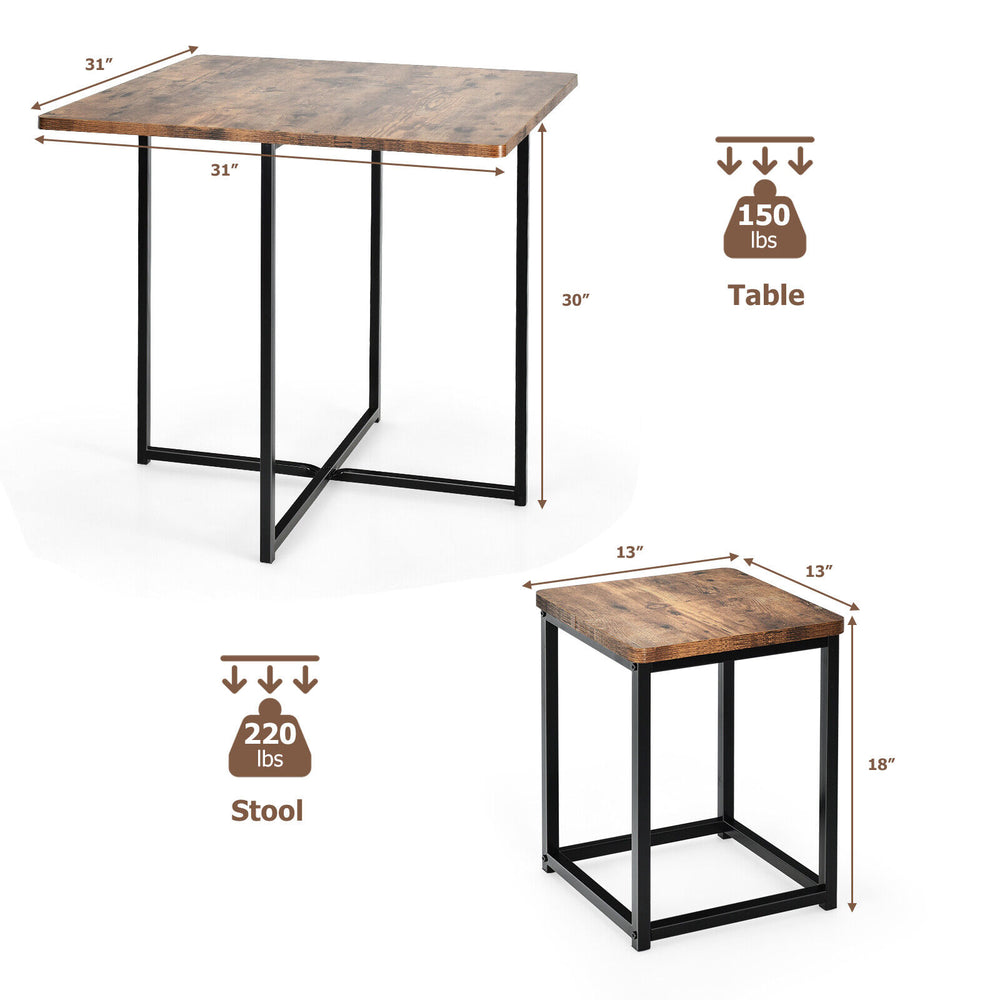 Compact dining table with metal frame and walnut finish, includes 4 stools for space-saving in apartments or cafes.