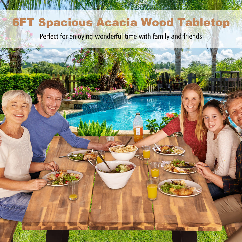 70-inch acacia wood dining table set with umbrella hole, perfect for outdoor gatherings in the backyard or garden.