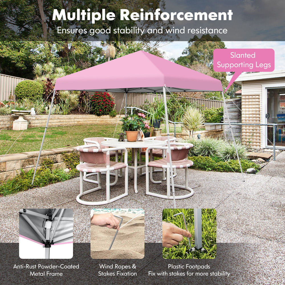10x10 feet pink outdoor pop-up canopy with slanted legs, waterproof fabric, and sturdy metal frame for stability.