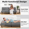 Gray convertible futon sofa bed shown in a side view, featuring soft sponge padding and a durable linen fabric for.