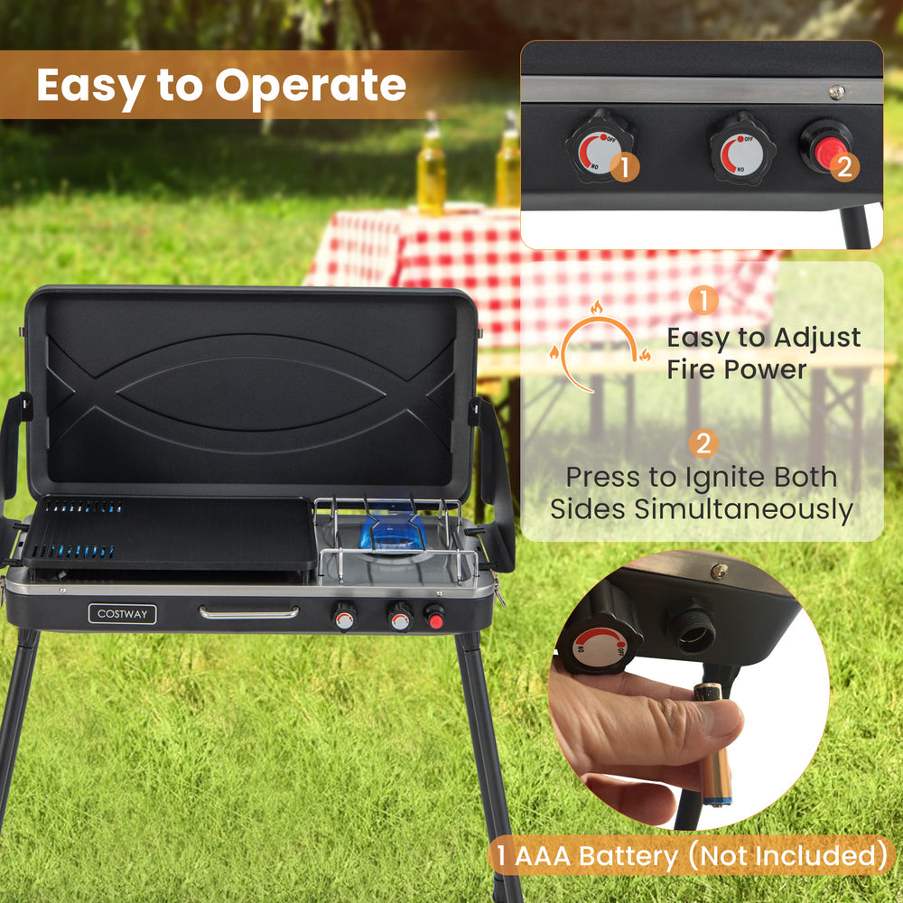 Portable black 2-in-1 gas camping grill and stove with detachable legs, featuring easy temperature control and electric.