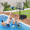 Portable basketball hoop with adjustable height, shown at 4.1 ft, ideal for poolside fun for kids and teens.