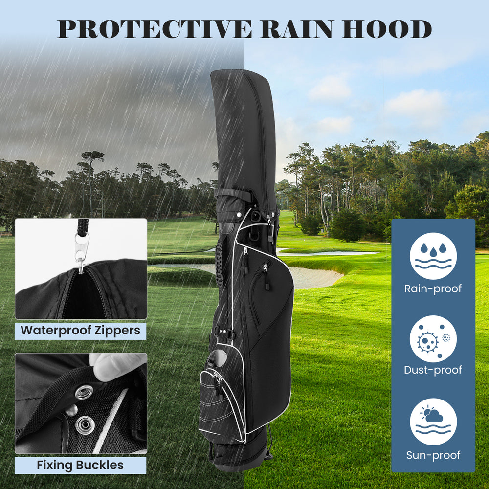 Golf stand cart bag in black with 4 way divider, waterproof zippers, and adjustable carry straps for comfort.
