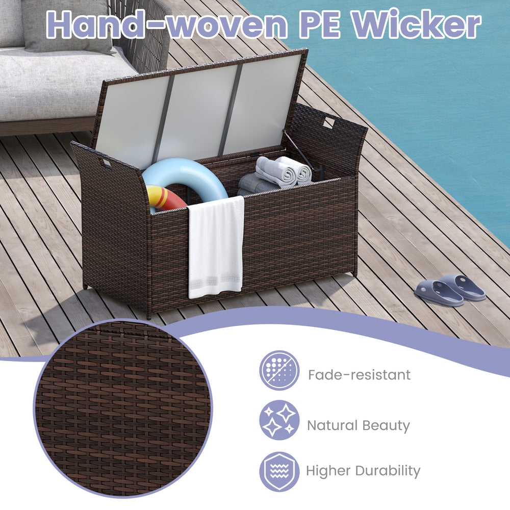 Outdoor bench with hand-woven PE wicker, featuring a thick-padded cushion and hidden storage for outdoor supplies.