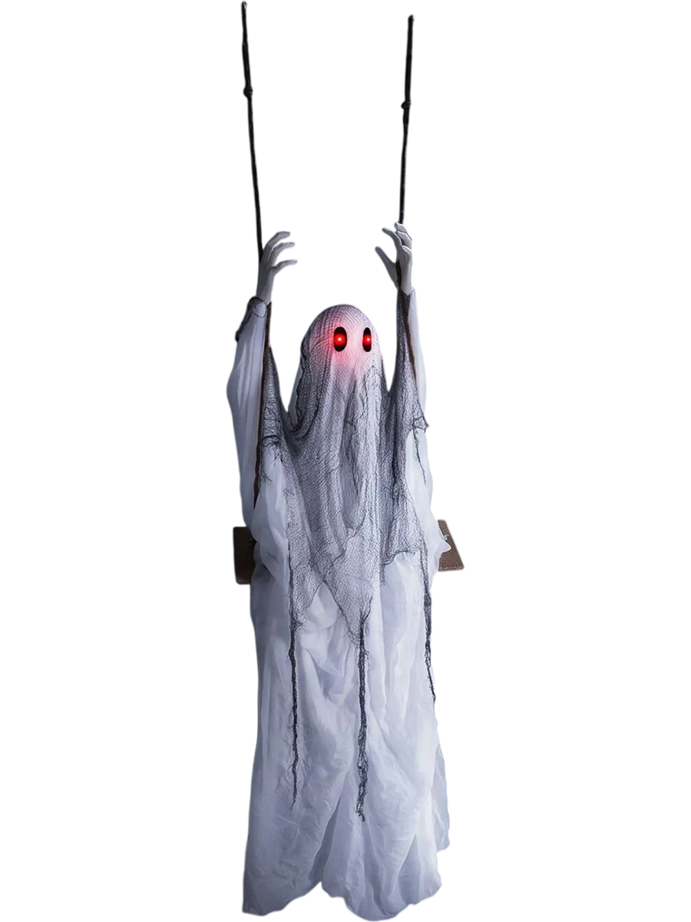 6.6 ft Halloween animated ghost on a swing, featuring tattered robes and flashing red eyes for a chilling Halloween effect.