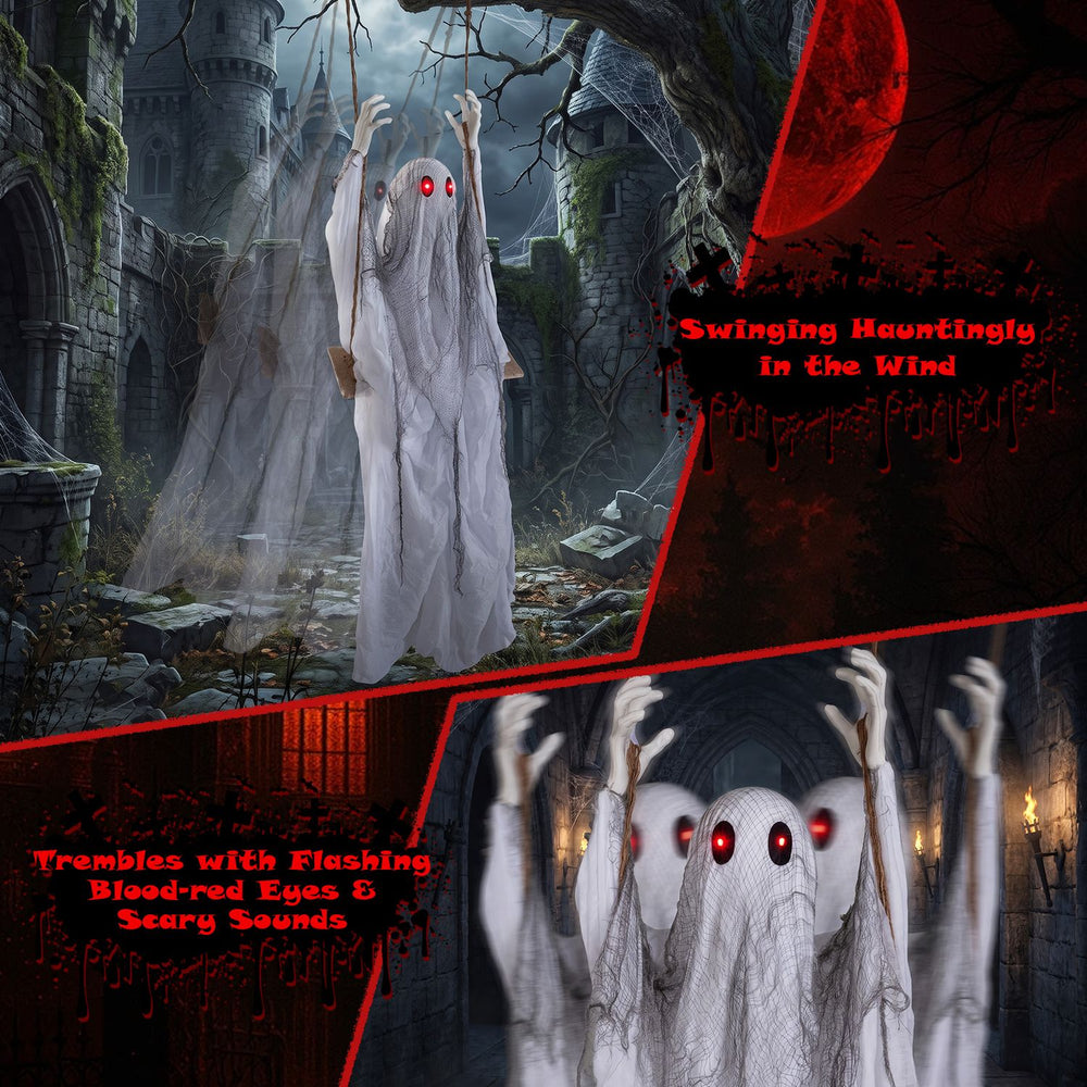 6.6 ft Halloween animated swing ghost with light-up blood-red eyes, perfect for creating a spooky atmosphere indoors or outdoors.