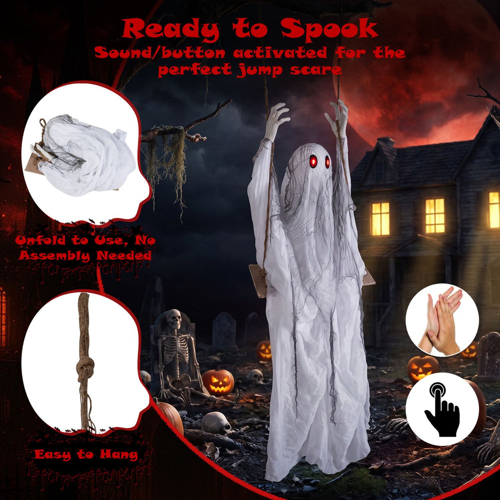 Animated 6.6 ft Halloween ghost with light-up eyes swings while trembling and making scary sounds for a spooky atmosphere.
