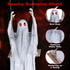 Animated 6.6 ft Halloween ghost with light-up red eyes, tattered robe, teetering on a swing for spooky decor.