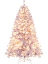 Pre-lit lavender purple tinsel Christmas tree with 550 warm white LED lights, perfect for festive holiday decor.