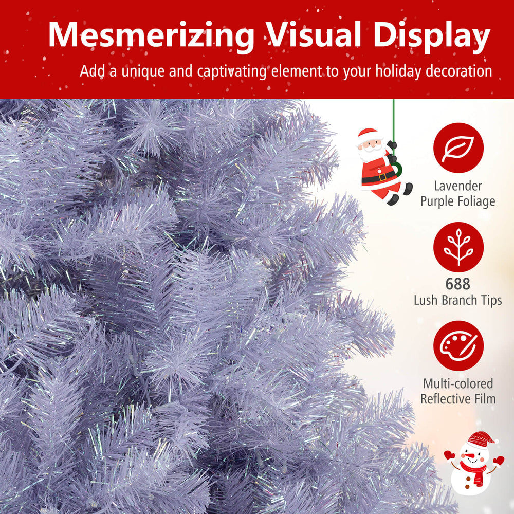 Lavender purple foliage of the 6/7.5 FT pre-lit tinsel Christmas tree with 688 branch tips for festive decoration.