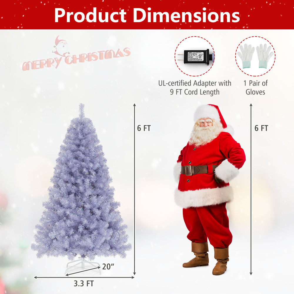 Pre-lit tinsel Christmas tree with 688 branch tips, 250 warm white LED lights, 6 ft tall, ideal for festive decor.